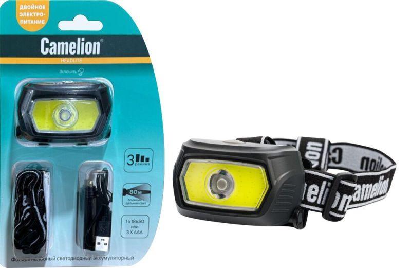 Фонарь налобный LED53413 аккум. 3.7В COB+LED 3Вт 3 реж. 3 x AAA Type-C блист карбон Camelion 15765