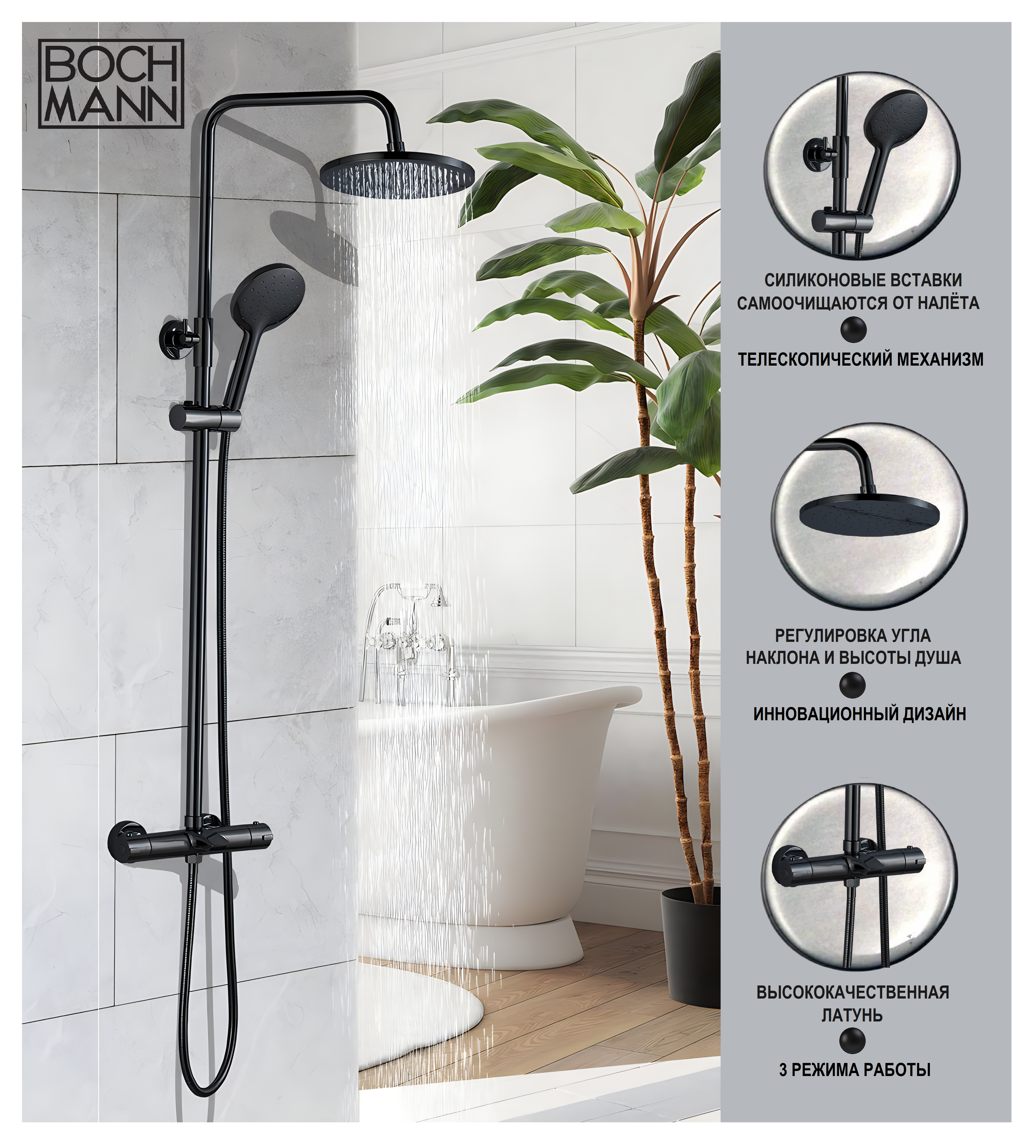 Стойка OGLIO B TS душевая с термостатом BOCH MANN BM9649 (ЧЕРНЫЙ)