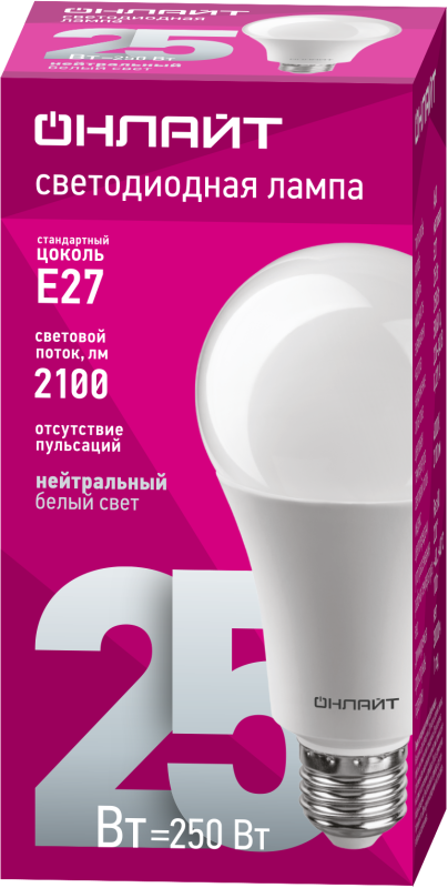 Лампа светодиодная 61 954 OLL-A60-25-230-4K-E27 25Вт грушевидная 4000К нейтр. бел. E27 2500лм 176-264В ОНЛАЙТ 61954