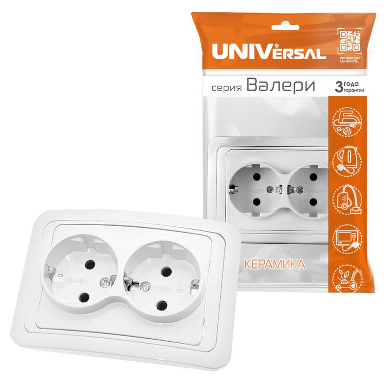 Розетка 2-м СП Валери 16А IP20 с заземл. бел. UNIVersal В0128