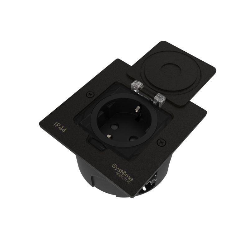 Лючок MultiDesk MDK21 с розеткой 2P+E 16А 250В IP44 с монтажной коробкой для стены фальшпола стола черн. матов. SE MDK21102MBA