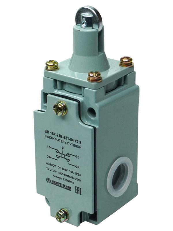 Выключатель путевой ВП15К-21Б-221-54 У2.8 IP54 толкатель с роликом прямого действия Электротехник ET004424