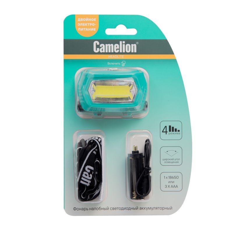 Фонарь налобный LED53411 аккум. 3.7В COB 3Вт 3 реж. 3 x AAA Type-C блист зел. Camelion 15763