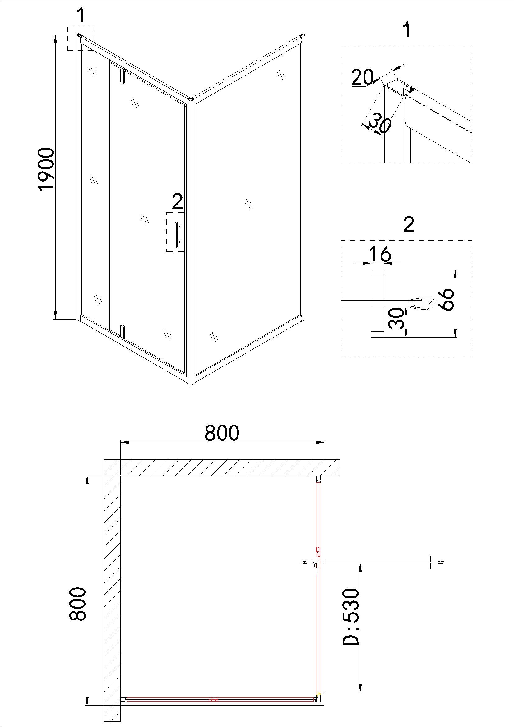 Душевое ограждение NG-0280-08 BLACK (800х800х1950) квадрат, дверь распашная