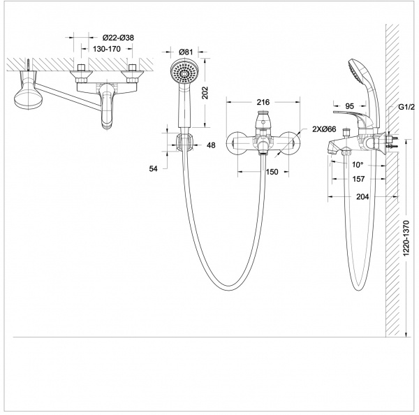 Смеситель для ванны с коротким изливом с аксессуарами Bravat Fit (F6135188CP-B-RUS)
