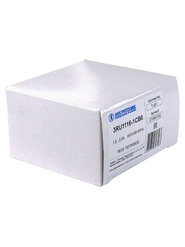Реле перегрузки тепловое 3RU1116-1CB0 3п 0.75кВт 1.8...2.5А 1НО+1НЗ типоразмер S00 ручной и автоматический сброс винтовые клеммы IP20 Электротехник ET064756