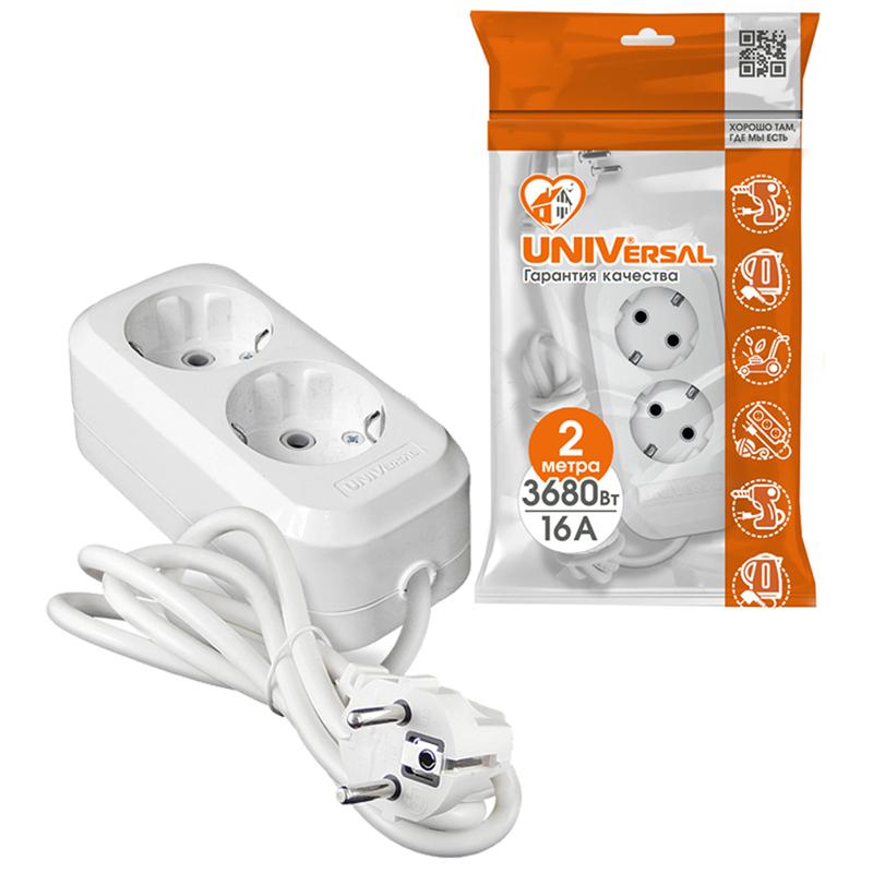 Удлинитель 2х2м с заземл. 16А IP20 Е-302 ПВС 3х1 АБС-пластик UNIVersal 9631972