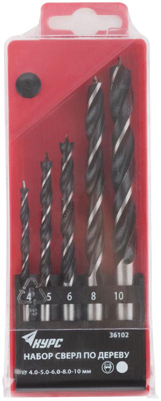 Набор сверл по дереву 4; 5; 6; 8; 10мм пластик. бокс (5 предметов) КУРС 36102