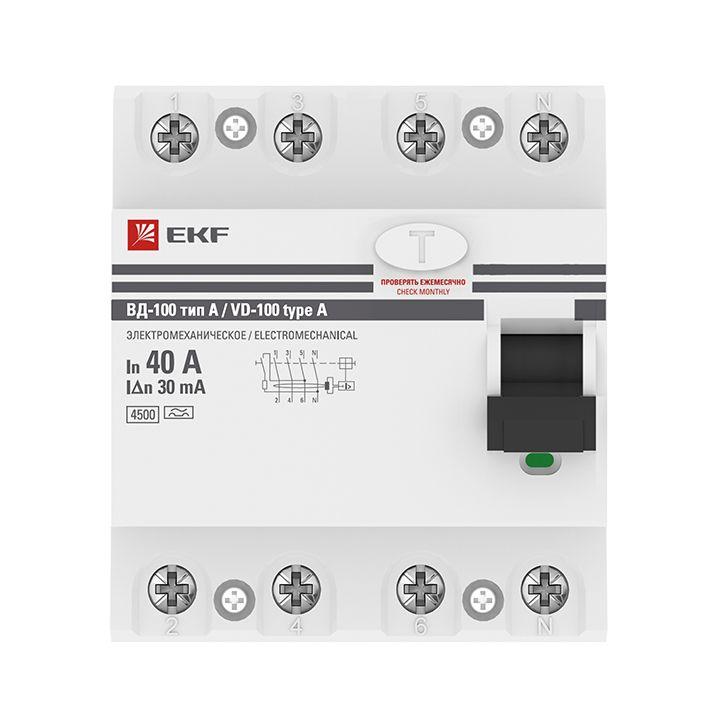 Выключатель дифференциального тока (УЗО) 4п 40А 30мА тип A ВД-100 (электромех.) PROxima EKF elcb-4-40-30-em-a-pro