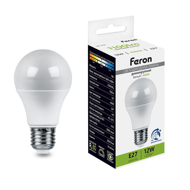 Лампа светодиодная диммируемая 12Вт 230В E27 4000К A60 LB-931 FERON 51053