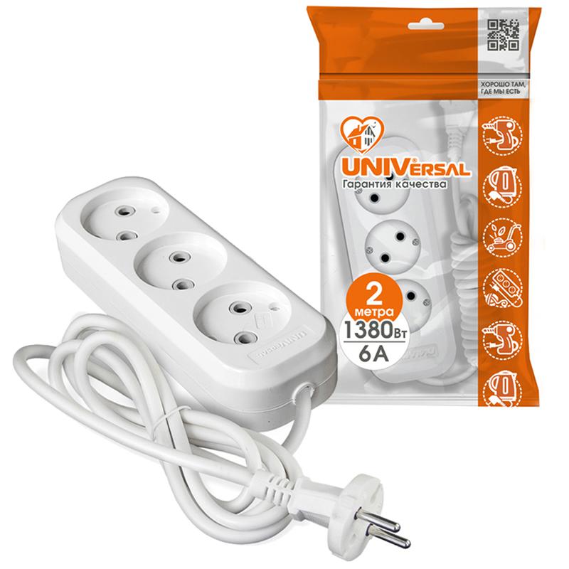Удлинитель 3х2м без заземл. 6А IP20 У6-639М ПВС 2х0.75 UNIVersal 639М-02