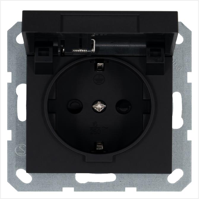 Розетка 1-м Shuko 16А IP20 с заземл. защ. шторки с крышкой механизм черн. матов. soft touch Jasmart G5505PB