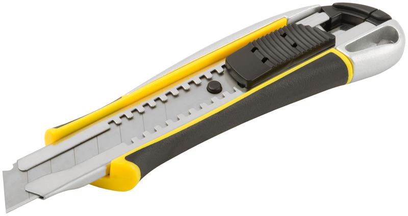 Нож технический 18мм усиленный прорезиненный 2-х сторонняя автофиксация металл. корпус профи FIT 10275