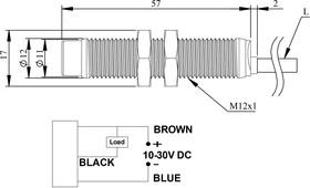 Датчик индуктивный (NPN-НЗ) кабель 2мх4мм 400Гц) выступающий 10-30В DC IP67 EMAS SIM12NM1OC2