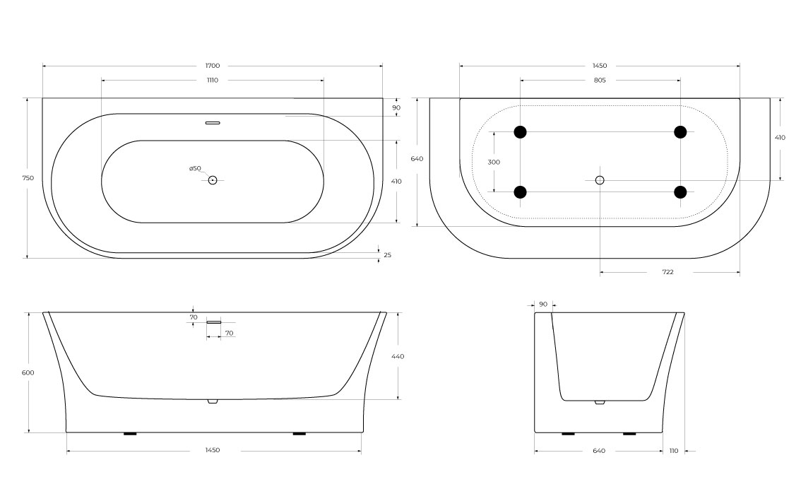 Акриловая ванна BELBAGNO BB711-1700-750