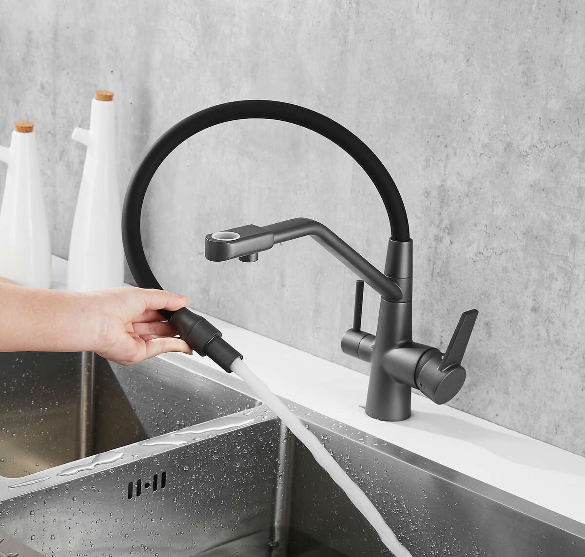 Смеситель ELSE GR из из нержавеющей стали для кухни BOCH MANN, с краном под фильтр, цвет СЕРЫЙ