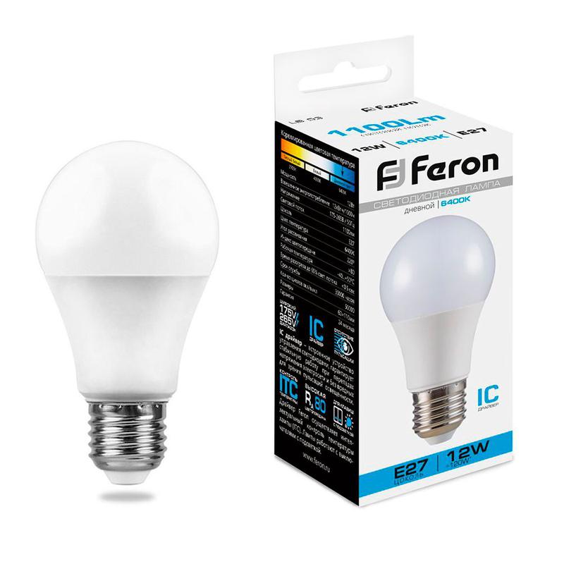 Лампа светодиодная 12Вт 230В E27 6400К A60 LB-93 FERON 25490