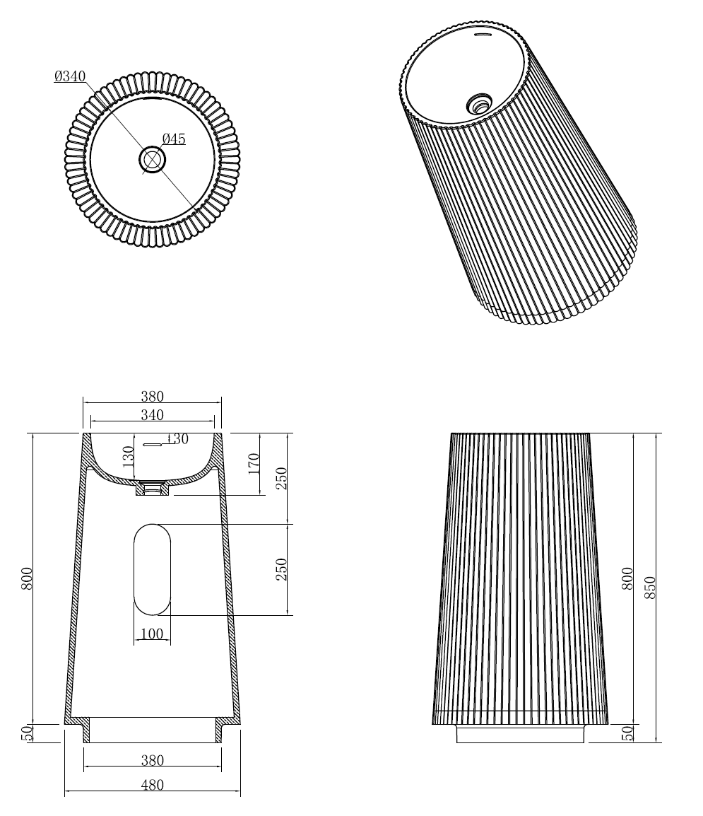 Раковина напольная рифленая Torre Corian 480*480*850 Matt White