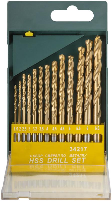 Набор сверл HSS по металлу титан. покрытие (15-2-25-3-32-35-4-45-48-5-55-6-65мм) (13шт) FIT 34217