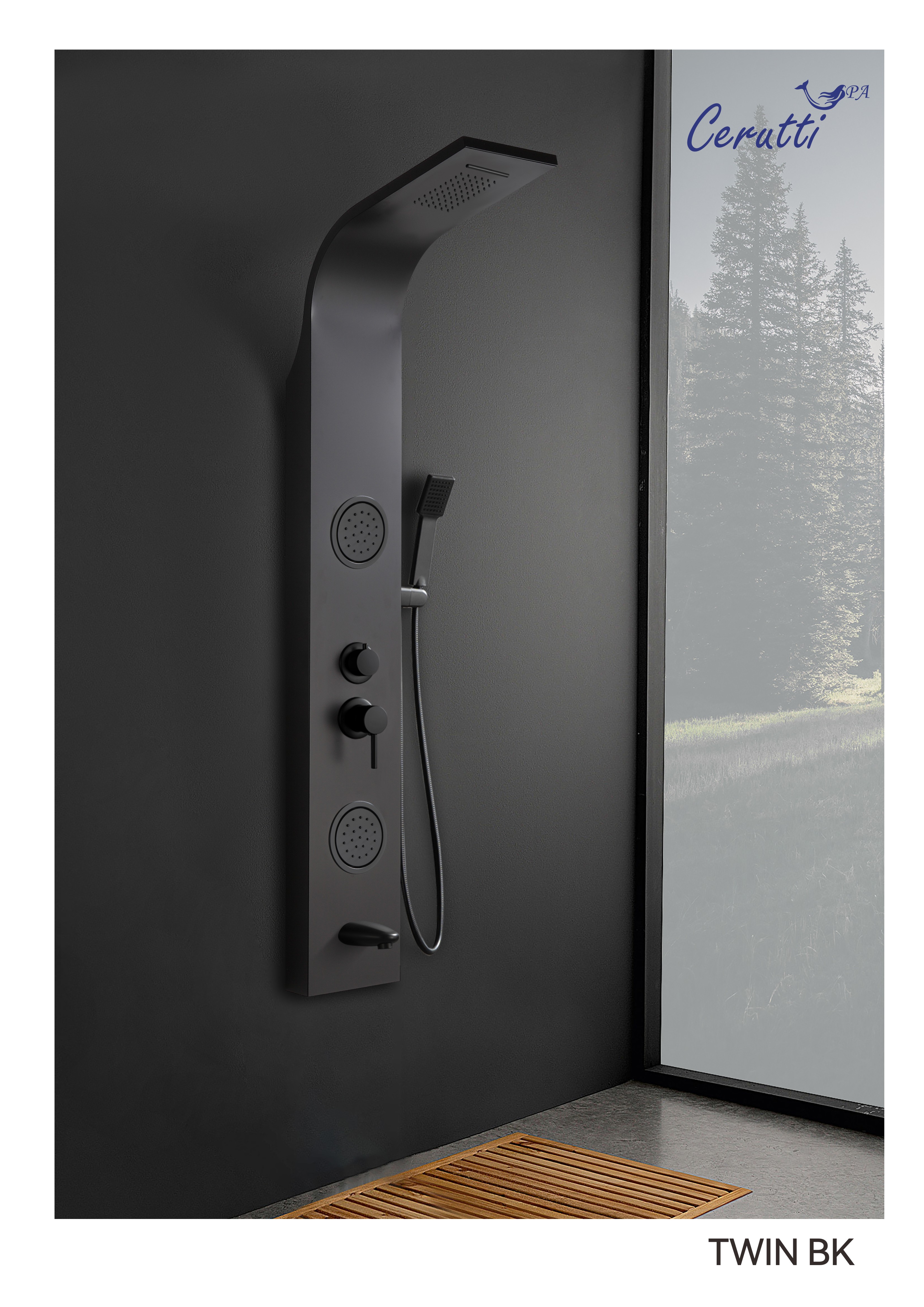 Панель TWIN BK душевая из нержавеющей стали с форсунками Ceruttispa CT9984, цвет черный