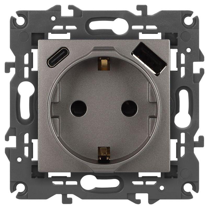 Розетка Elegance 14-4108-16 16A 250В 2P+E защ. шторки с USB type-A+C 3А 5В титан Эра Б0067695