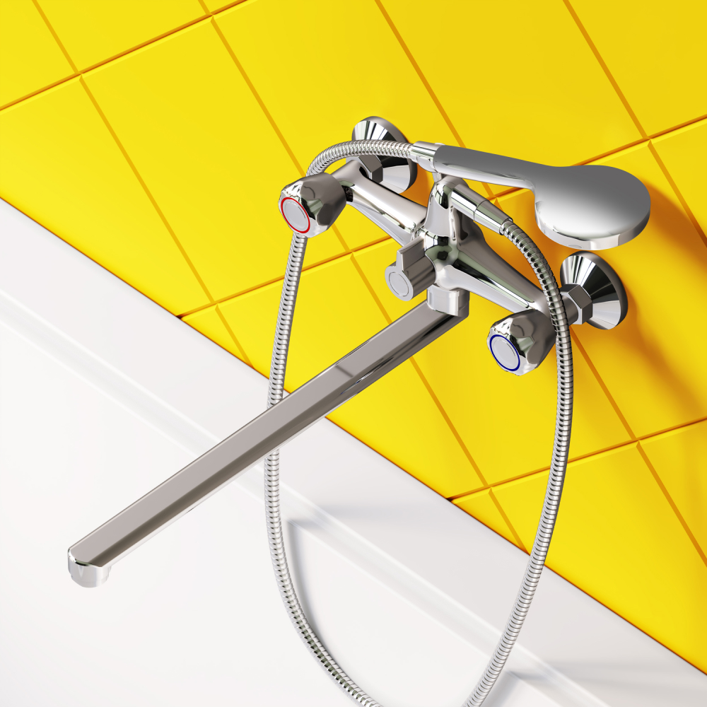 D7095000 Modern двухзахватный смеситель для ванны и душа с универсальным изливом и душевым набором