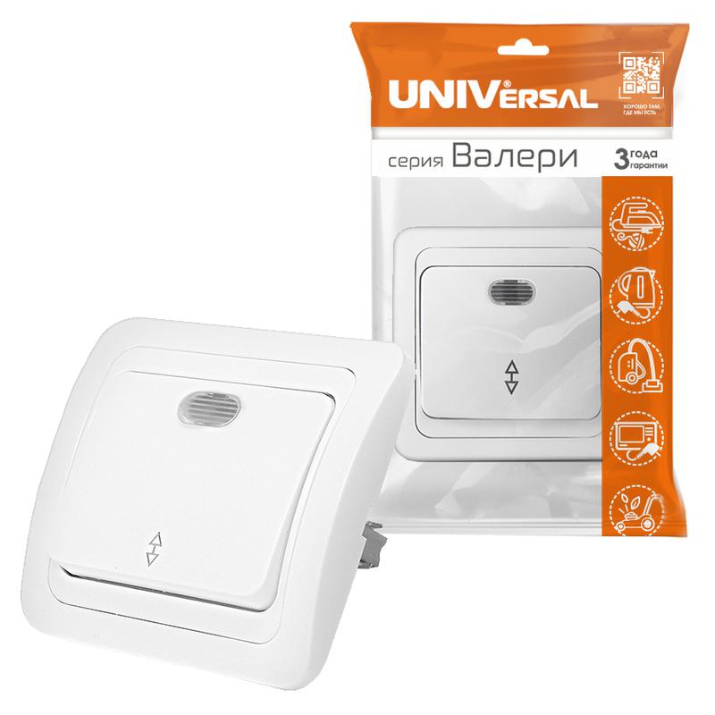 Переключатель проходной 1-кл. СП Валери 10А IP20 с подсветкой бел. UNIVersal В0125