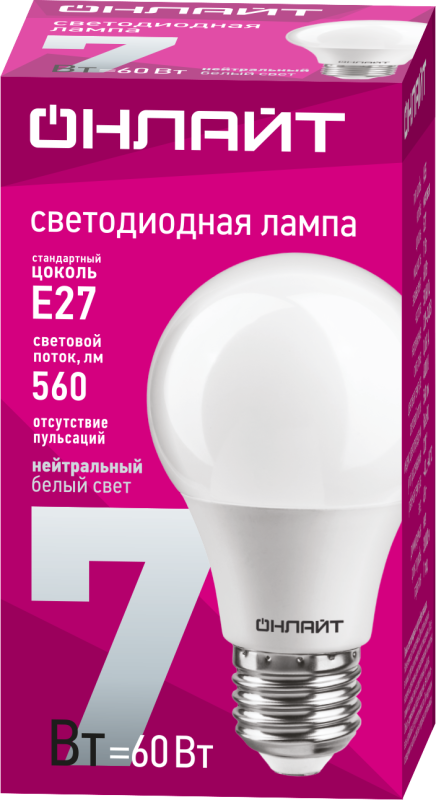 Лампа светодиодная 71 648 OLL-A60-7-230-4K-E27 7Вт грушевидная 4000К нейтр. бел. E27 700лм 176-264В ОНЛАЙТ 71648