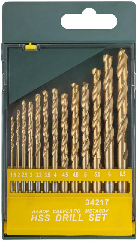 Набор сверл HSS по металлу титан. покрытие (15-2-25-3-32-35-4-45-48-5-55-6-65мм) (13шт) FIT 34217