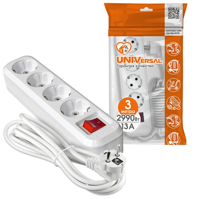 Удлинитель 4х3м с заземл. 13А IP20 S-304 ПВС 3х1 с выкл. UNIVersal 9631990
