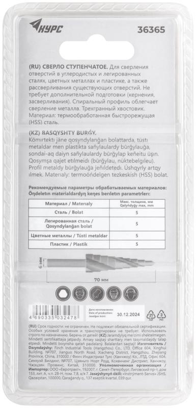 Сверло по металлу ступенчатое 4-12мм 9 ступеней спиральный профиль HSS КУРС 36365