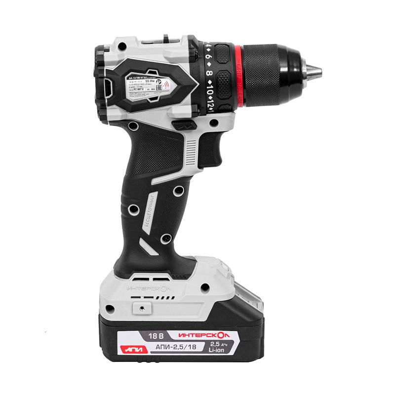 Дрель-шуруповерт аккумуляторная ДА-13/18В 55 Li-ion АПИ 18В 55Нм 2 АКБ 2А.ч ЗУ бесщеточная кейс ИНТЕРСКОЛ 952.2.2.70