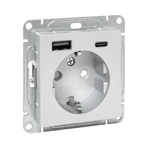 Розетка СП Эпика 16А с 2 USB-A+С с заземл. защ. шторки механизм алюм. EKF UP1-SOA-111-USBA+USBC