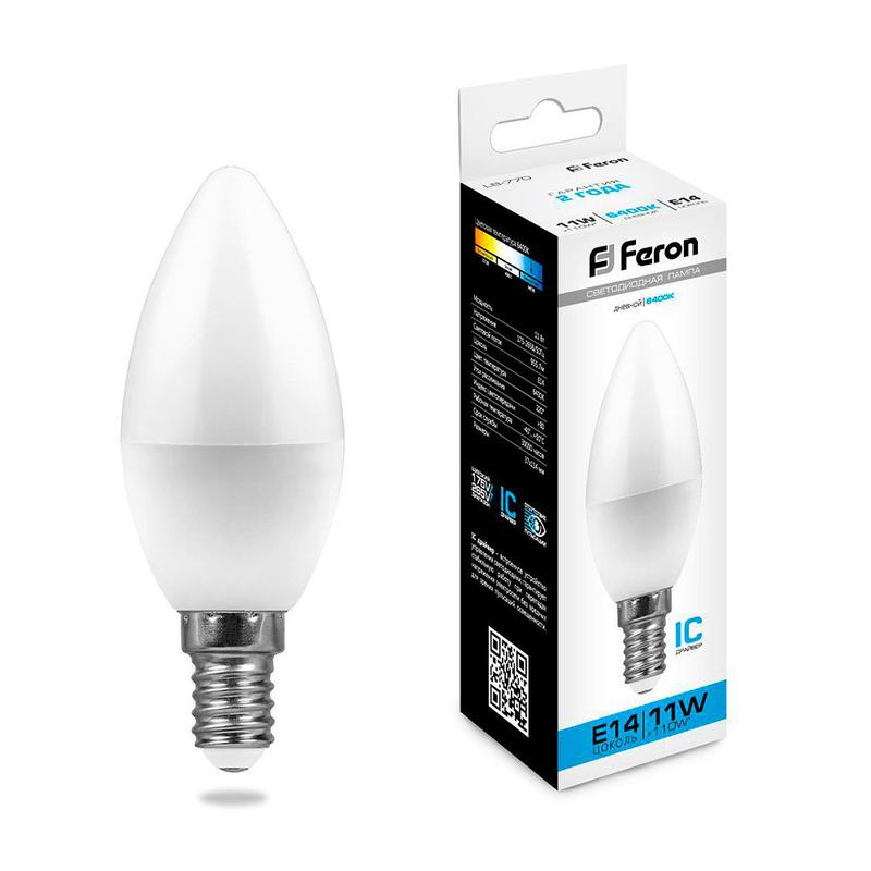Лампа светодиодная 11Вт 230В E14 6400К С37 LB-770 FERON 25943