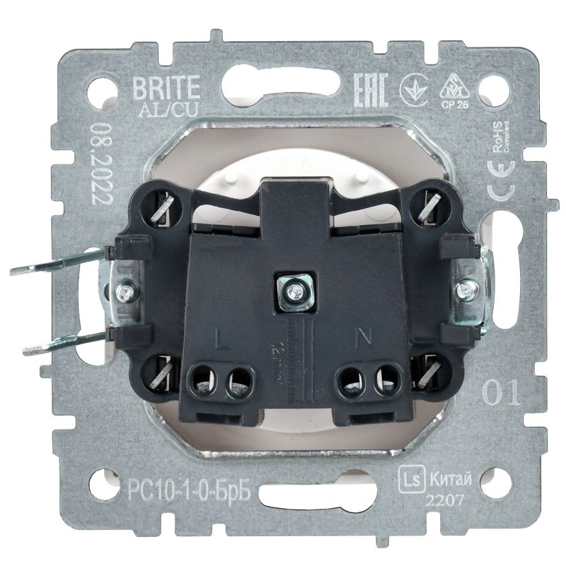 Розетка BRITE РС10-1-0-БрБ 10А без заземл. без защ. шторок механизм бел. IEK BR-R10-10-K01
