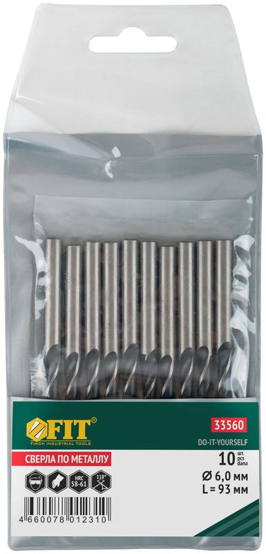 Сверло по металлу HSS черненые 6.0х93мм (уп.10шт) FIT 33560