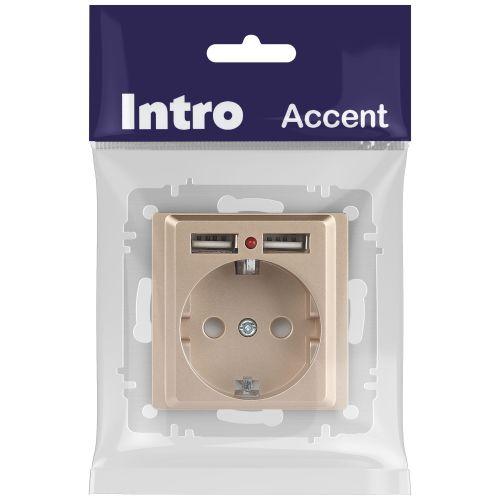Розетка 1-м СП Accent 6-410-04 16А IP20 250В P+E Schuko + 2хUSB защ. шторки шампань Intro Б0063696