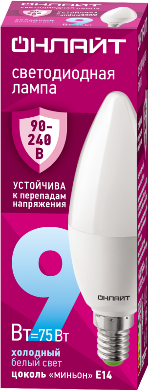 Лампа светодиодная 90 412 OLL-C37-9-230-6.5K-E14-FR (PRO 90-240В) ОНЛАЙТ 90412
