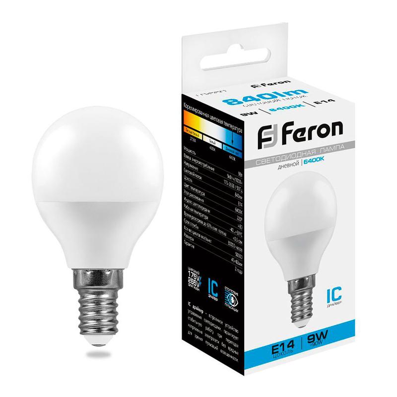 Лампа светодиодная 9Вт 230В E14 6400К G45 LB-550 FERON 25803