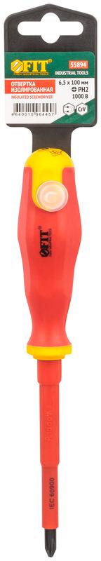 Отвертка изолированная 1000В CrV сталь прорезинен. ручка 6.5х100мм РН2 FIT 55894