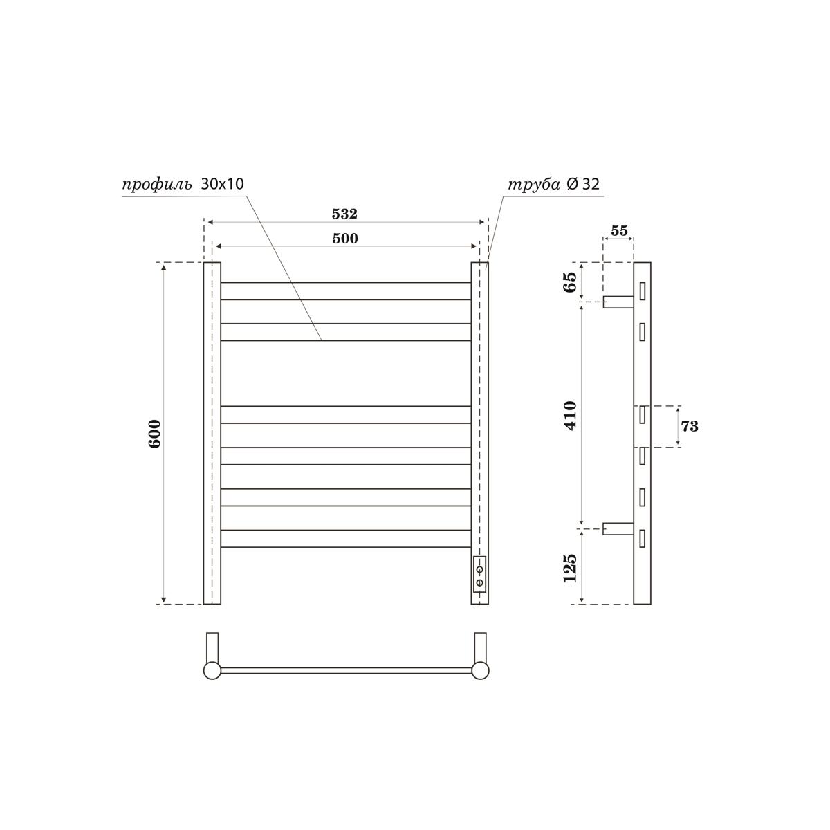 Полотенцесушитель электрический Point Селена PN16856B П6 500x600, диммер справа, черный