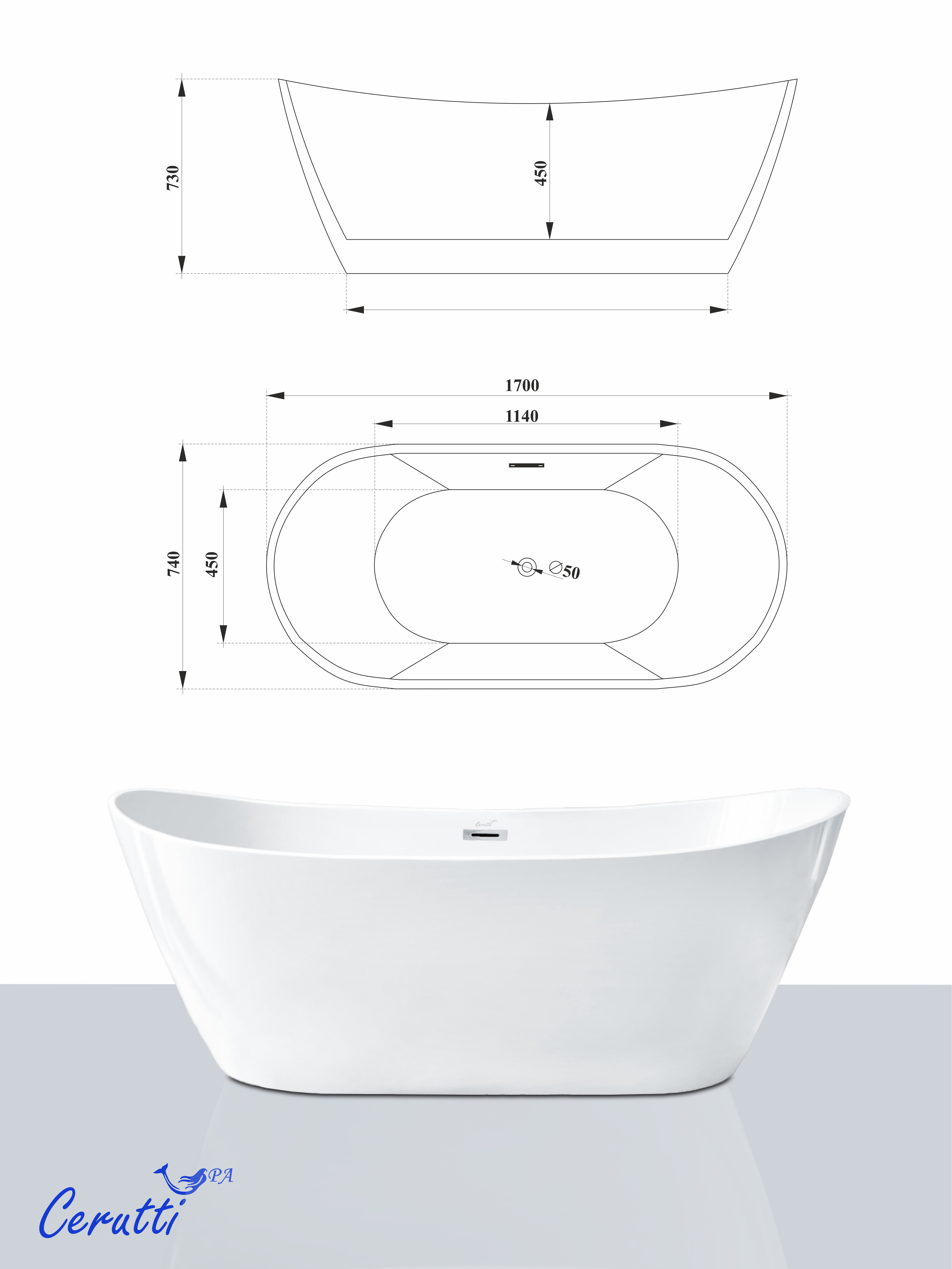 Ванна NEMI170II акриловая отдельностоящая Ceruttispa (1700x740x730)