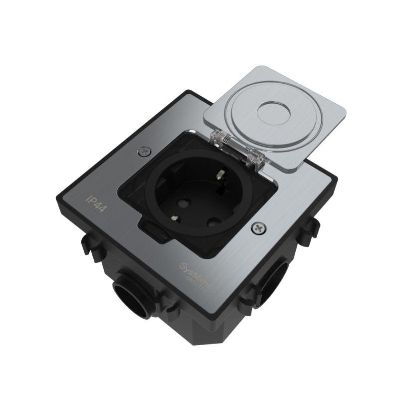 Лючок MultiDesk MDK21 с розеткой 2P+E 16А 250В IP44 с монтажной коробкой для бетонных полов серебр. SE MDK21202SC