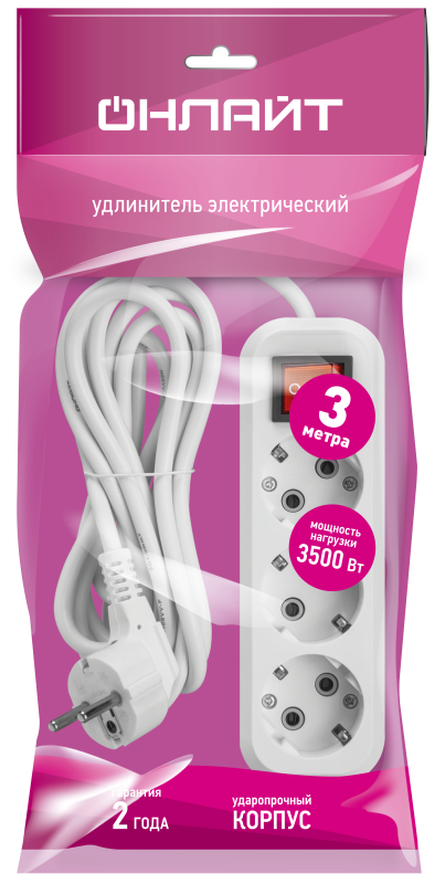 Удлинитель 3х3м с заземл. 16А IP20 90523 OPE-S-03-300-ЕSC-3х1 ОНЛАЙТ 90523