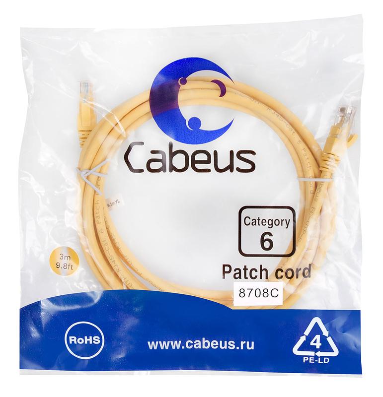 Патч-корд U/UTP кат.6 PC-UTP-RJ45-Cat.6-3m-YL 2xRJ45/8p8c неэкранир. PVC 3м желт. Cabeus 8708c
