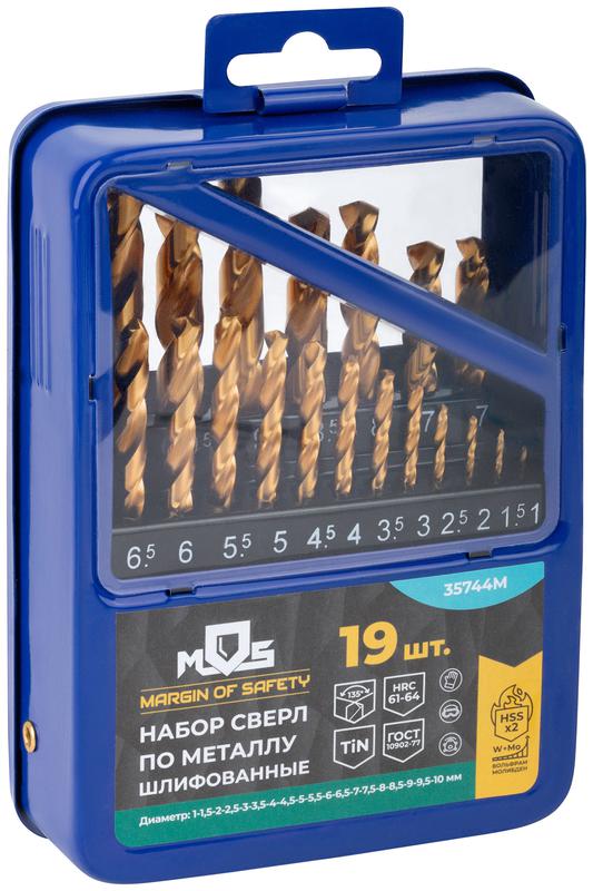 Набор сверл по металлу HSS шлифованные титановое покрытие угол заточки 135град. мет. Бокс 19шт (1-10мм через 0.5мм) MOS 35744М