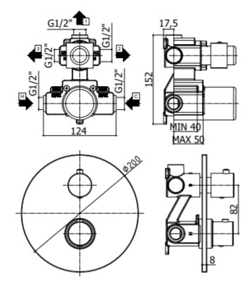 Смеситель термостат встраиваемый для душа 3 выход Paffoni LIGHT LIQ019NO встраиваемый Черный матовый