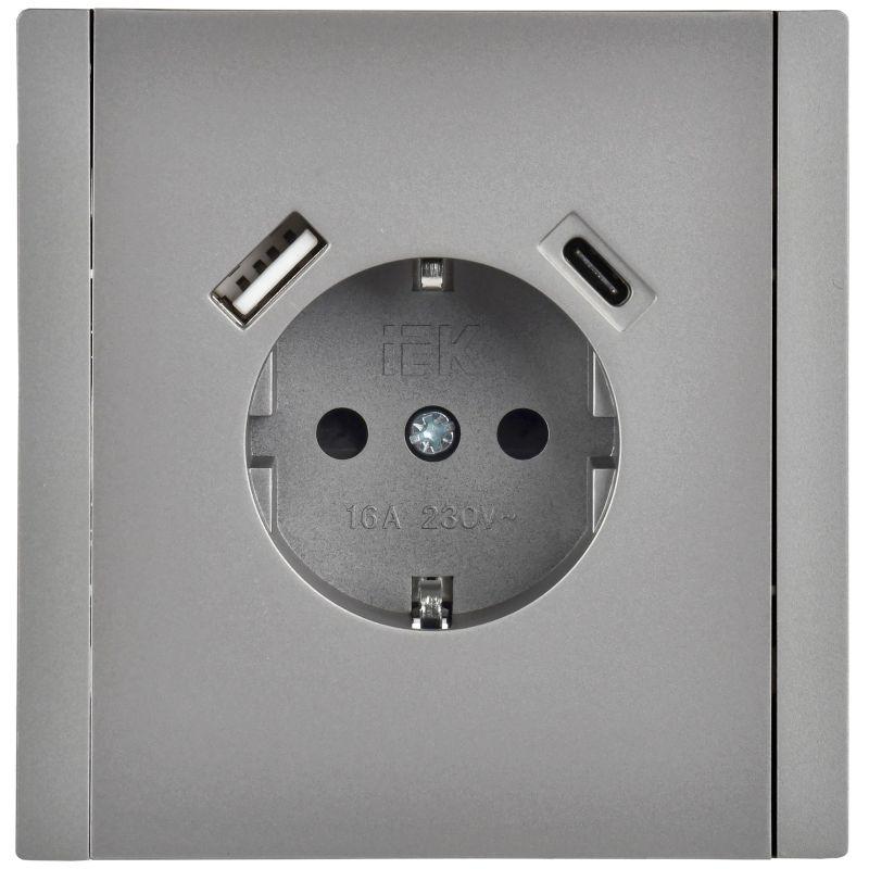 Розетка FORTE&PIANO FP547 16А USB A+C 18Вт с заземл. защ. шторки винт. крепл. сталь IEK FP-R14-16-U22-018-K46