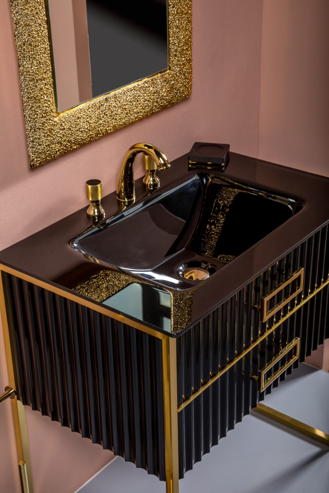 Тумба MONACO 80см h84см черная глянец + золото под раковину моноблок