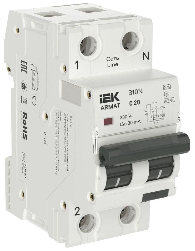 Выключатель автоматический дифференциального тока 2п (1P+NP) C 20 30мА тип A АВДТ B10N 36мм ARMAT IEK AR-B10N-1N-C020A030
